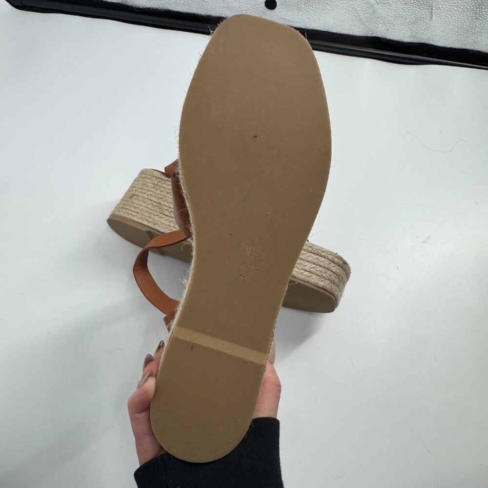 Zara Tan Leather Hessian Wedge Sandals Size 41 - Picture 10 of 11